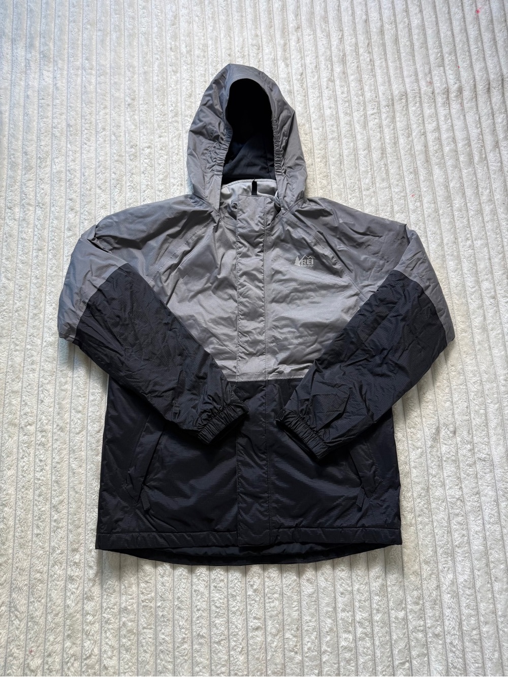 REI Co-op Kids Hooded Full-Zip Colorblock Windbreaker Jacket Gray/Black 14-16